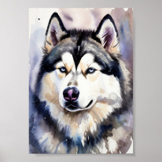 Poster Siberian Husky Portrait Watercolor Fine Art - Blue