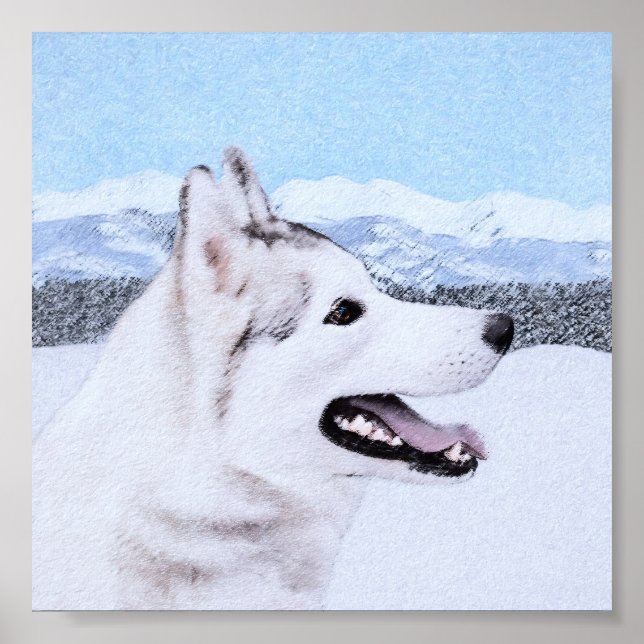 Poster Sibérie Husky (argent et blanc) Peinture Chien Art (Devant)