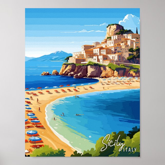 Poster Sicile Italie Art vieux voyage illustration (Devant)