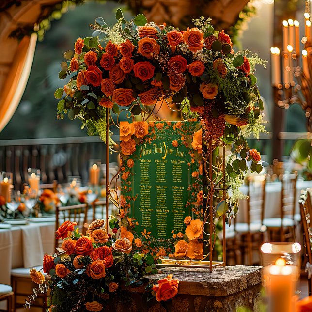 Poster Siège Celtique Vert, Or & Orange Enchanté (Enchanting Orange and Green Druid-Hill Wedding Seating Chart Poster )