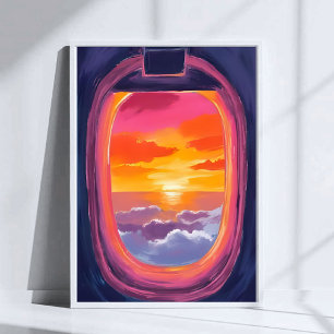 Poster Siège Fenêtre Coucher de Soleil Avion Voyage Peint