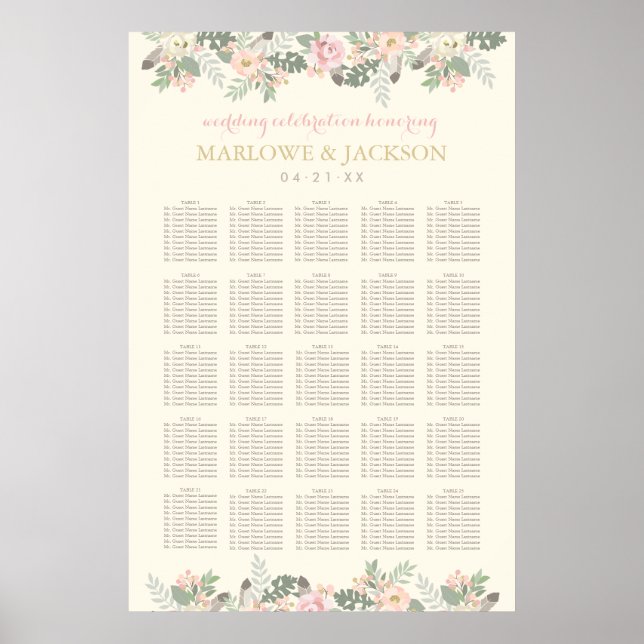 Poster Siège Mariage en ivoire rose et or Floral Boho (Devant)