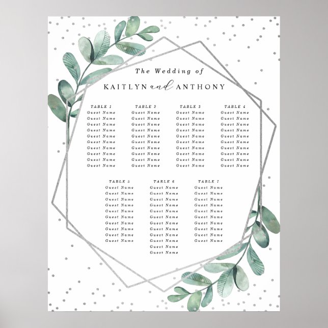 Poster Siège Mariage Eucalyptus Géométrique Argent (Devant)