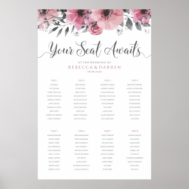Poster Sièges Floraux Graphique 8 Tables Votre Siège Atte (Devant)