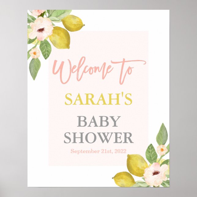 Poster Signal d'accueil Baby shower floral rose citron (Devant)