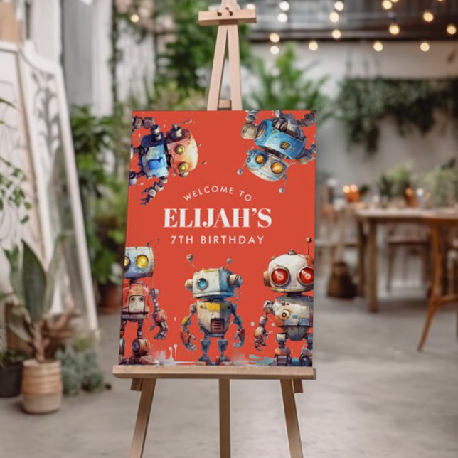 Poster Signal de fête d'anniversaire Orange Robot Tech Ge (Créateur téléchargé)