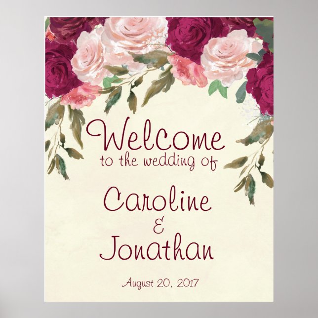 Poster Signal mariage de bienvenue bordeaux rose floral (Devant)