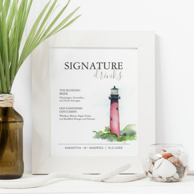 Poster Signature Boissons 8x10 Plage Signal de mariage (Wedding signature drinks sign watercolor lighthouse art by Victoria Grigaliunas of Do Tell A Belle)