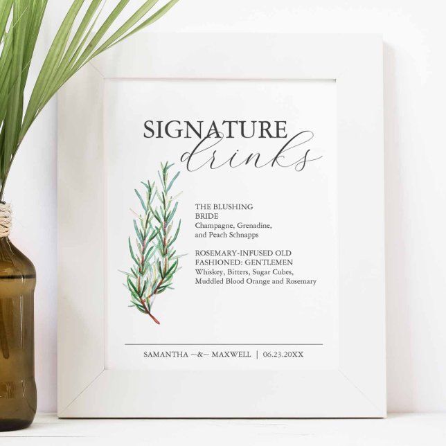 Poster Signature Boissons 8x10 Rosemary Mariage Signal (Signature cocktails sign feature a watercolor sprig of rosemary by Victoria Grigaliunas )