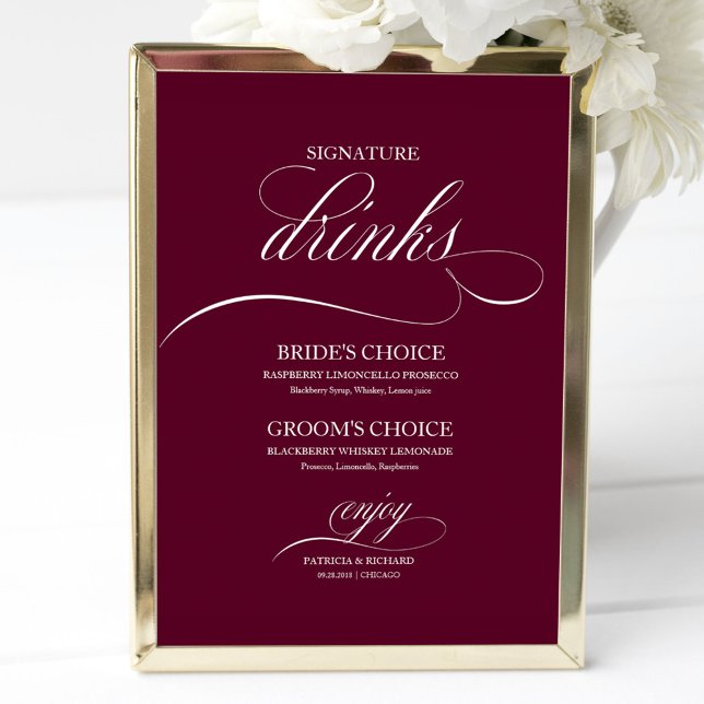 Poster Signature Boissons Burgundy Marsala Mariage Signé (Créateur téléchargé)