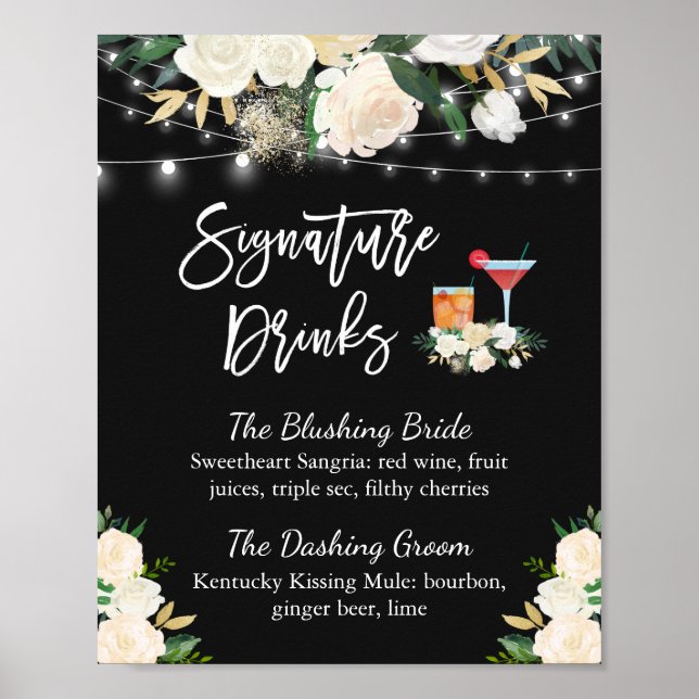 Poster Signature Boissons Cocktail Ivory Floral Mariage (Devant)