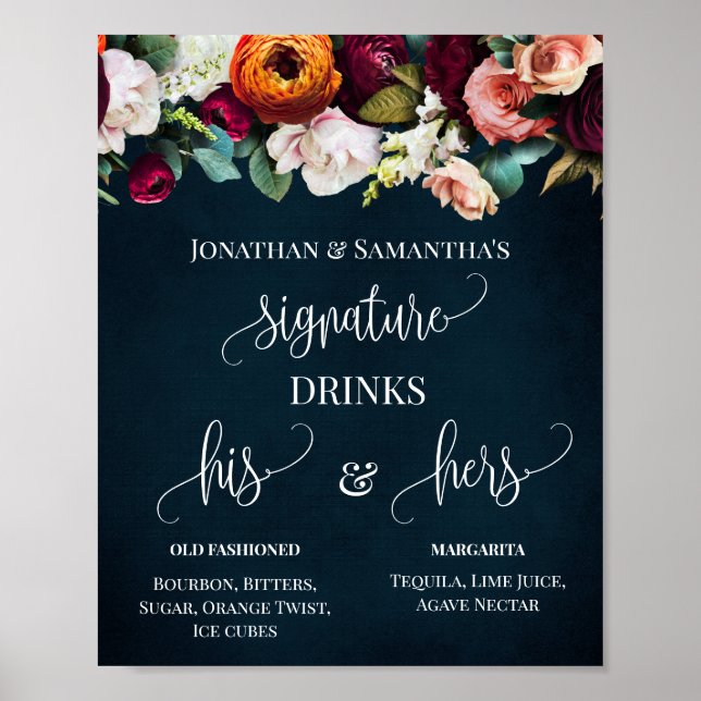 Poster Signature Boissons Mariage Fleurs de vin Panneau d (Devant)