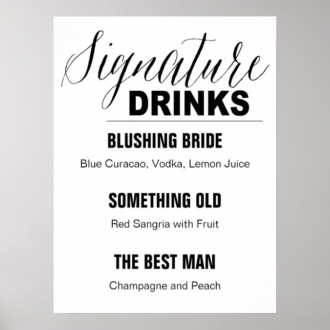 Poster Signature Boissons Mariage signe noir et blanc (Devant)