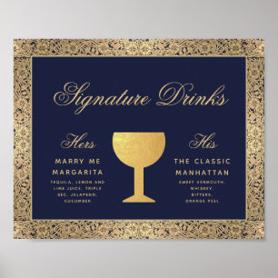 Poster Signature Boissons Marine Bleu Rose or Signé Maria