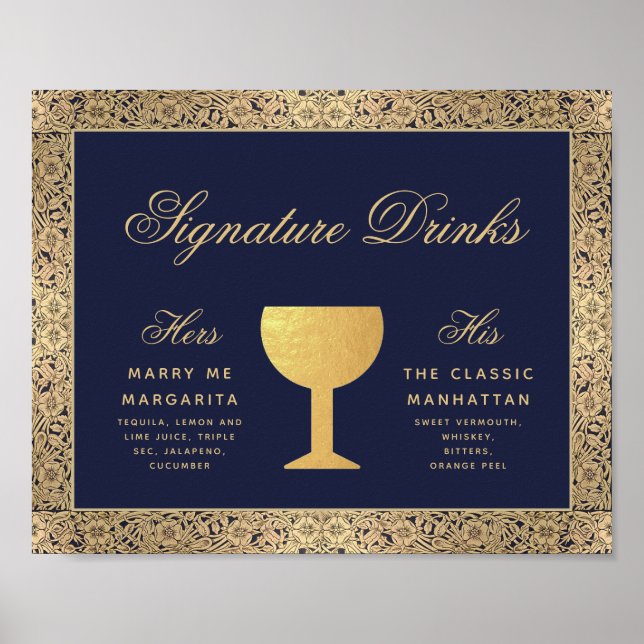 Poster Signature Boissons Marine Bleu Rose or Signé Maria (Devant)
