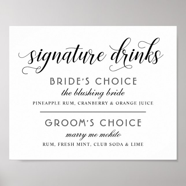 Poster Signature Boissons Moderne Mariage noir et blanc (Devant)
