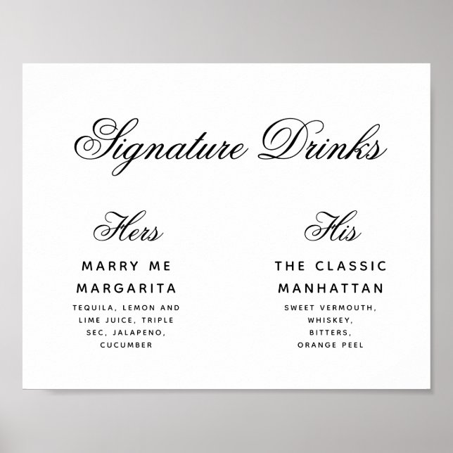Poster Signature Boissons Simple Noir & Blanc Mariage Sig (Devant)