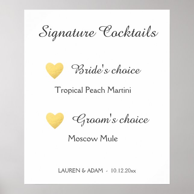 Poster Signature Cocktails signe mariage, faux coeur d'or (Devant)