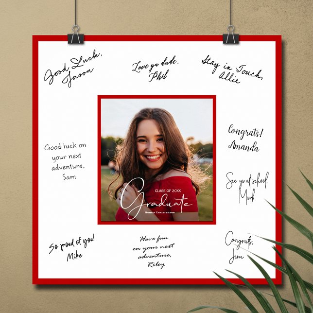 Poster Signature de la photo de graduation moderne (Graduation autograph poster with your photo and red border, INSTANT DOWNLOAD and/or PRINTED)