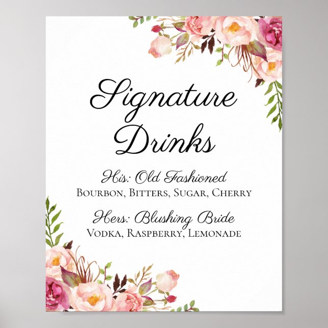 Poster Signature florale rose rustique Boissons Cocktail  (Devant)