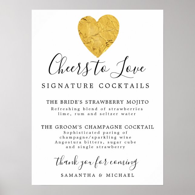 Poster Signature Gold Heart Cocktails Mariage Bar Signal (Devant)
