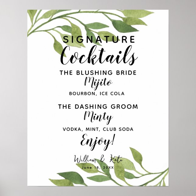 Poster Signature mariage botanique de bar à cocktails (Devant)