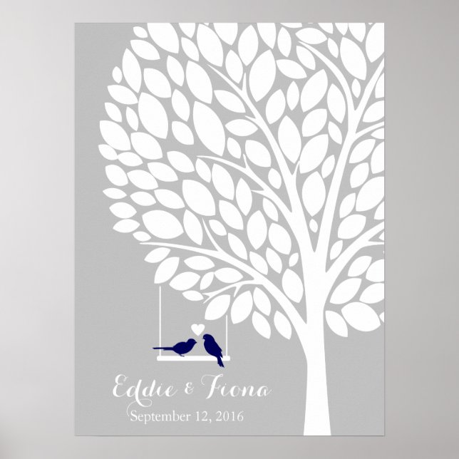 Poster signature mariage guest book tree bird marine (Devant)