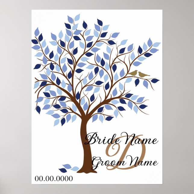Poster Signature Mariage Guest Book Tree, en Blues. (Devant)