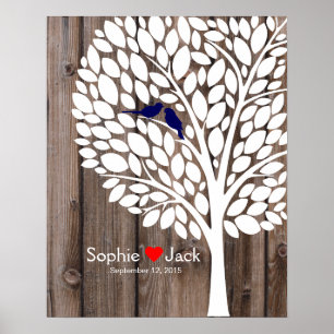 Poster signature mariage guest book tree marine blue wood