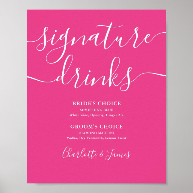 Poster Signature Mariage moderne rose chaud Boissons Sign (Devant)