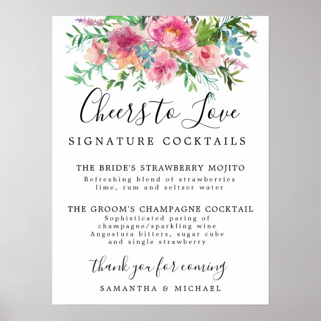 Poster Signature rose Floral Cocktails Bar Mariage Pannea (Devant)