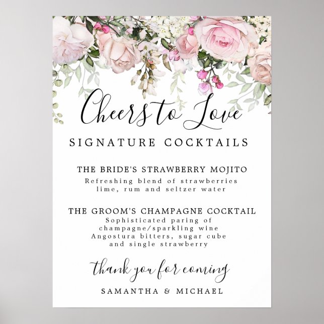 Poster Signature rose Floral Cocktails Bar Mariage Pannea (Devant)