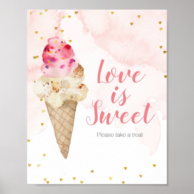 Poster Signe Amour Sucré Glace Rose Poudré et Or (Devant)