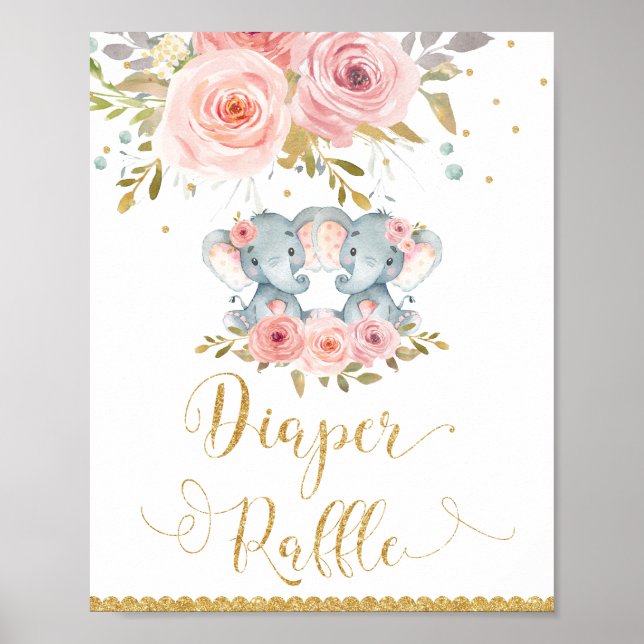 Poster Signe Baby shower de couches éléphant Twin Girls (Devant)