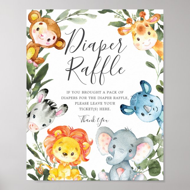 Poster SIGNE Baby shower Déchets de la Jungle Animaux (Devant)