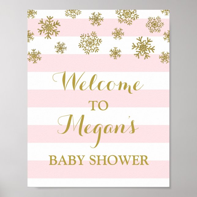 Poster SIGNE baby shower Pink Stripes Gold Snow (Devant)