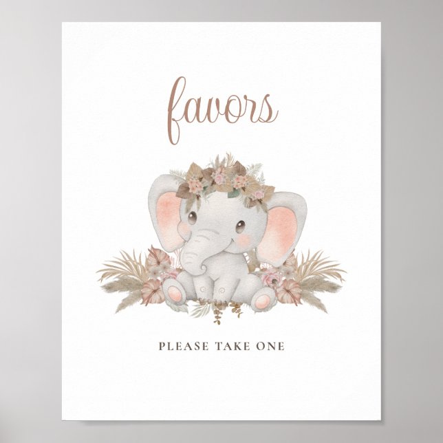 Poster Signe Boho Floral Cute Elephant Baby shower Faveur (Devant)