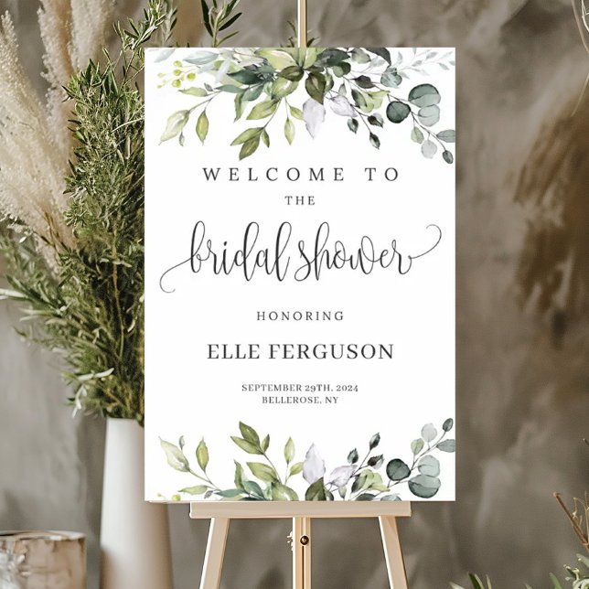 Poster Signe d'accueil de la douche de la nuptiale du feu (Greenery foliage boho bridal shower welcome sign)