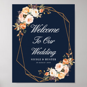 Poster signe d'accueil mariage bleu marine floral d'autom
