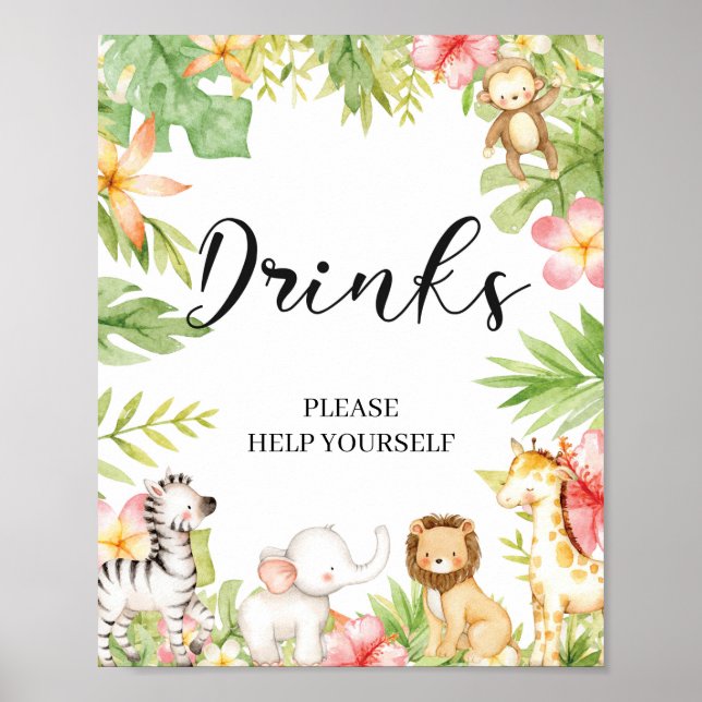 Poster SIGNE DE Baby shower Jungle Safari Animaux Boisson (Devant)