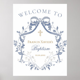 Poster Signe de bienvenue baptême élégant ruban bleu
