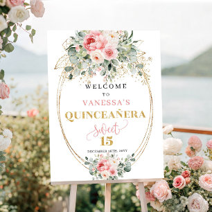 Poster Signe de bienvenue classique en rose floral or pou