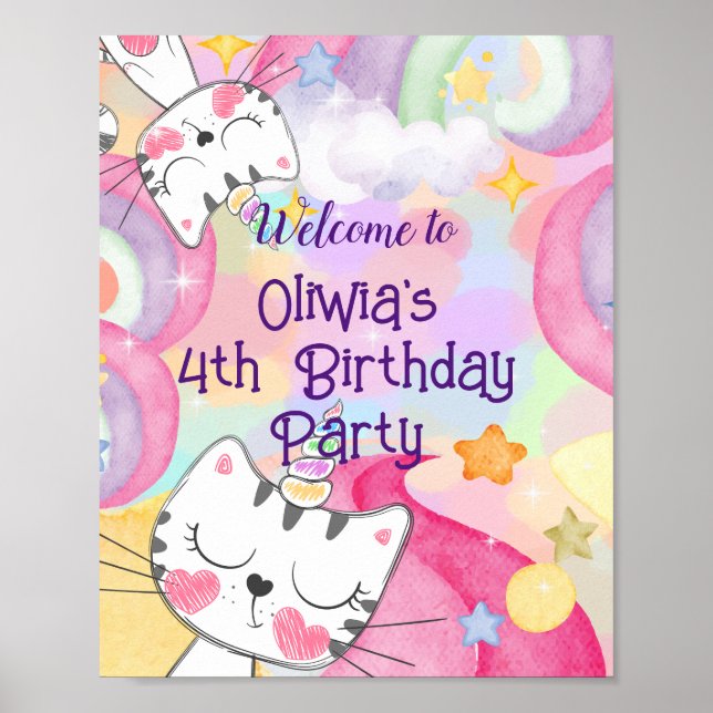 Poster Signe de bienvenue d'anniversaire de caticorne méo (Devant)