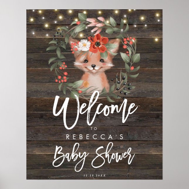 Poster signe de bienvenue du baby shower de renard roux (Devant)