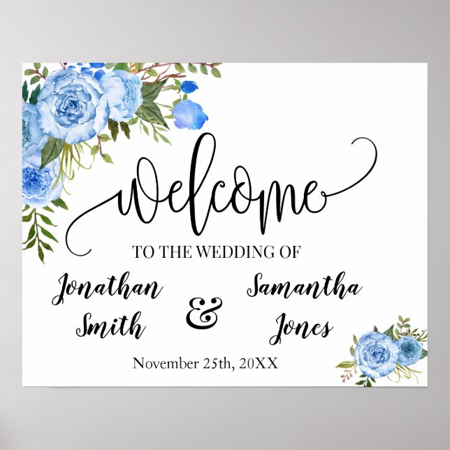 Poster signe de bienvenue mariage boho chic bleu fleuri (Devant)