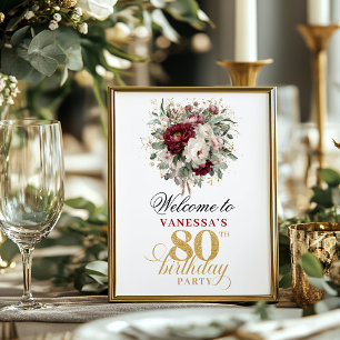 Poster Signe de bienvenue pour 80e anniversaire Burgundy