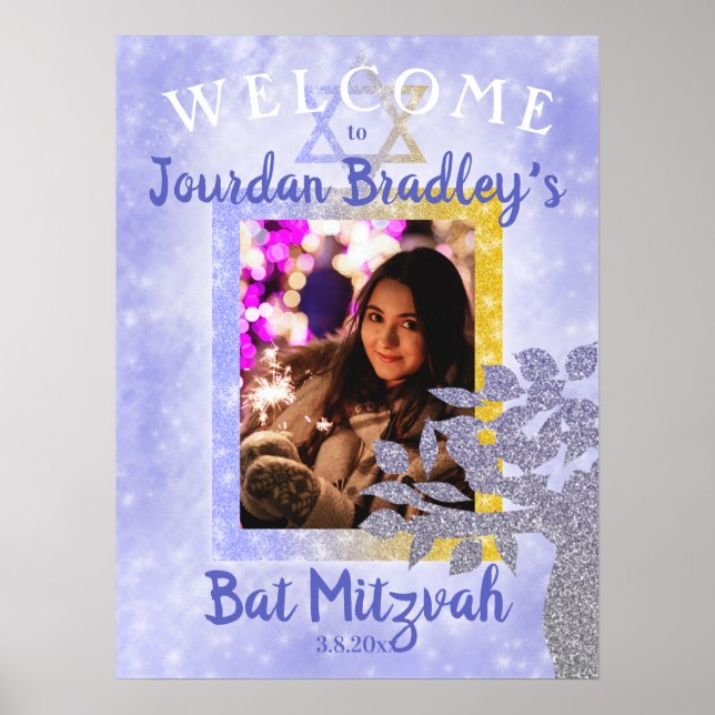 Poster Signe de bienvenue pour Bat Mitzvah Bleu & Or (Devant)