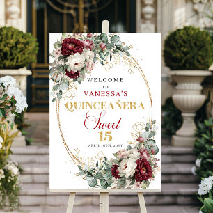 Poster Signe de bienvenue Quinceanera Boho Bourgogne Flor