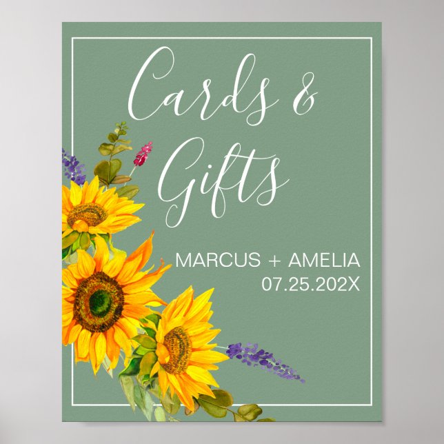 Poster Signe de cadeaux de mariage vert tournesol (Devant)