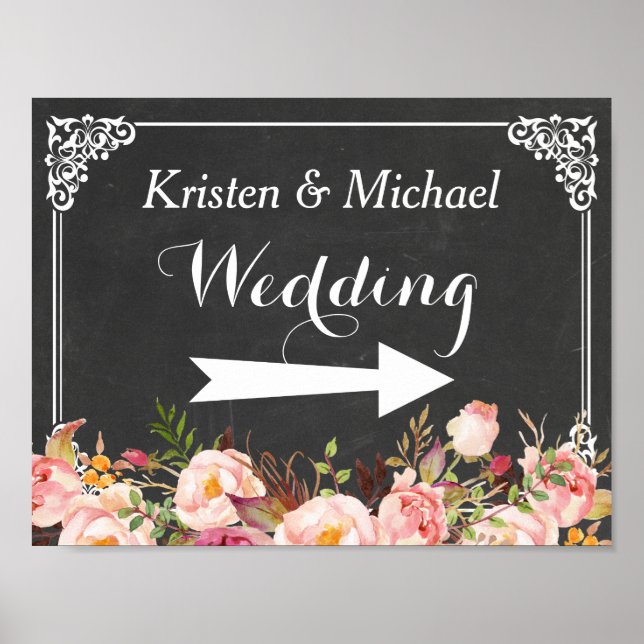 Poster Signe de direction mariage | Vintage Chalkboard Fl (Devant)